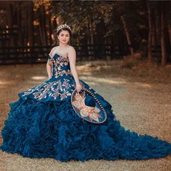 Dark Navy Quinceanera Dresses Luxury Sweetheart Lace-up Corset Ruffles Princess Royal skirt Sweet 15 Birthday Dress Wear