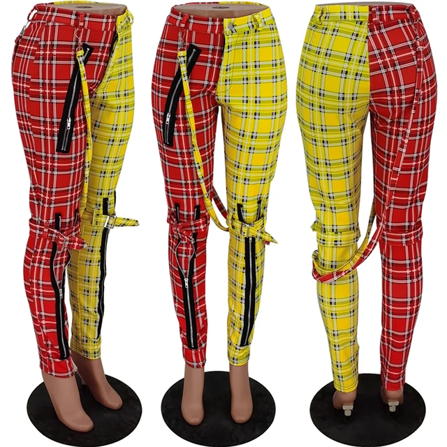 Vintage Black Yellow Plaid Pants Womens Harajuku High hot Waist Trousers Streetwear