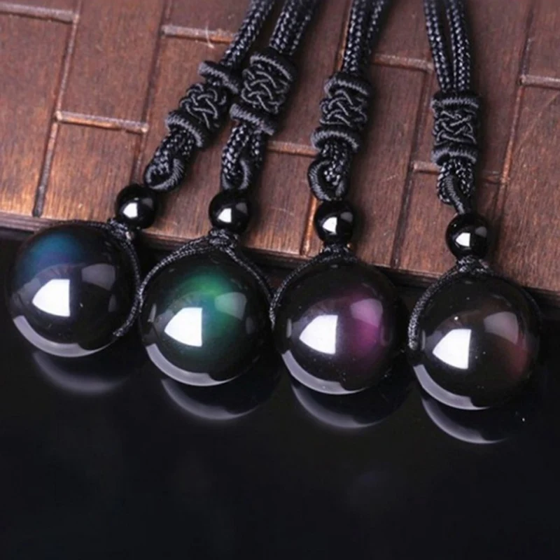 

Natural Obsidian Men's And Women's Transfer Beads Pendant Double Color Single Bead Knitting Rope Crystal Sweater Necklace