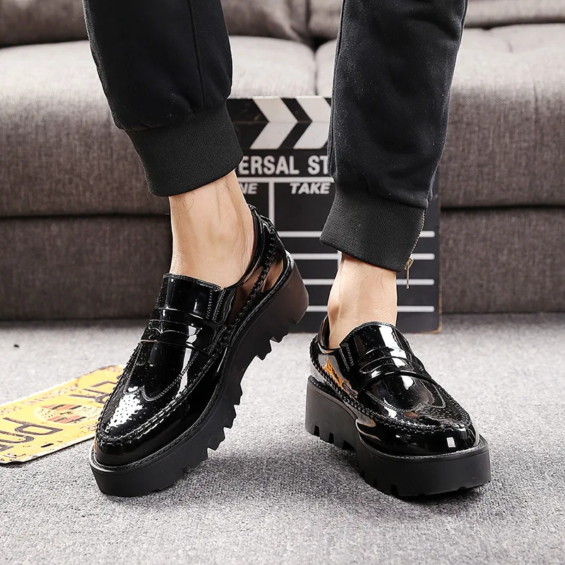 mens casual business wedding formal dresses black platform shoes slip-on lazy shoe oxford patent leather loafers chaussure homme