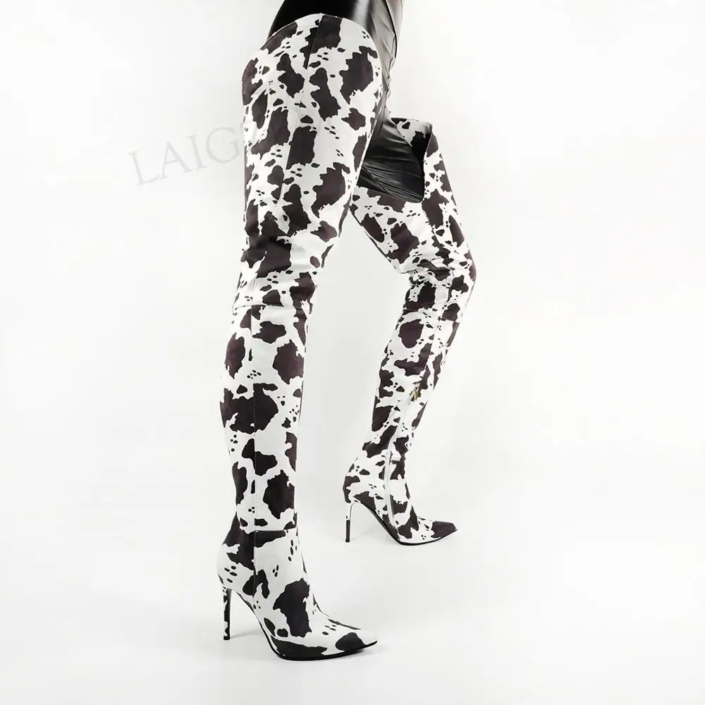 LAIGZEM Women Thigh High Boots Cow Print Faux Suede V Cut Heeled Boots Side Zip Party Unisex Shoes Woman Large Size 43 45 46 47