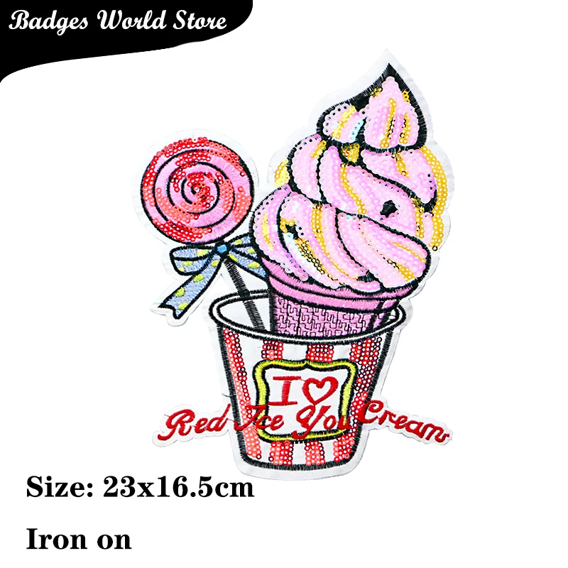 1 Pcs Cute ice cream sequin icon Embroidered Iron on Patches for Clothing DIY Stripes Clothes Patchwork Stickers  Custom Badges