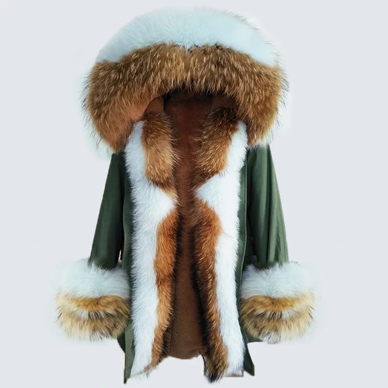 Parka longa impermeável para mulheres, casaco de pele real, pele de raposa natural, gola de pele de guaxinim, streetwear quente grosso, jaqueta destacável, inverno novo