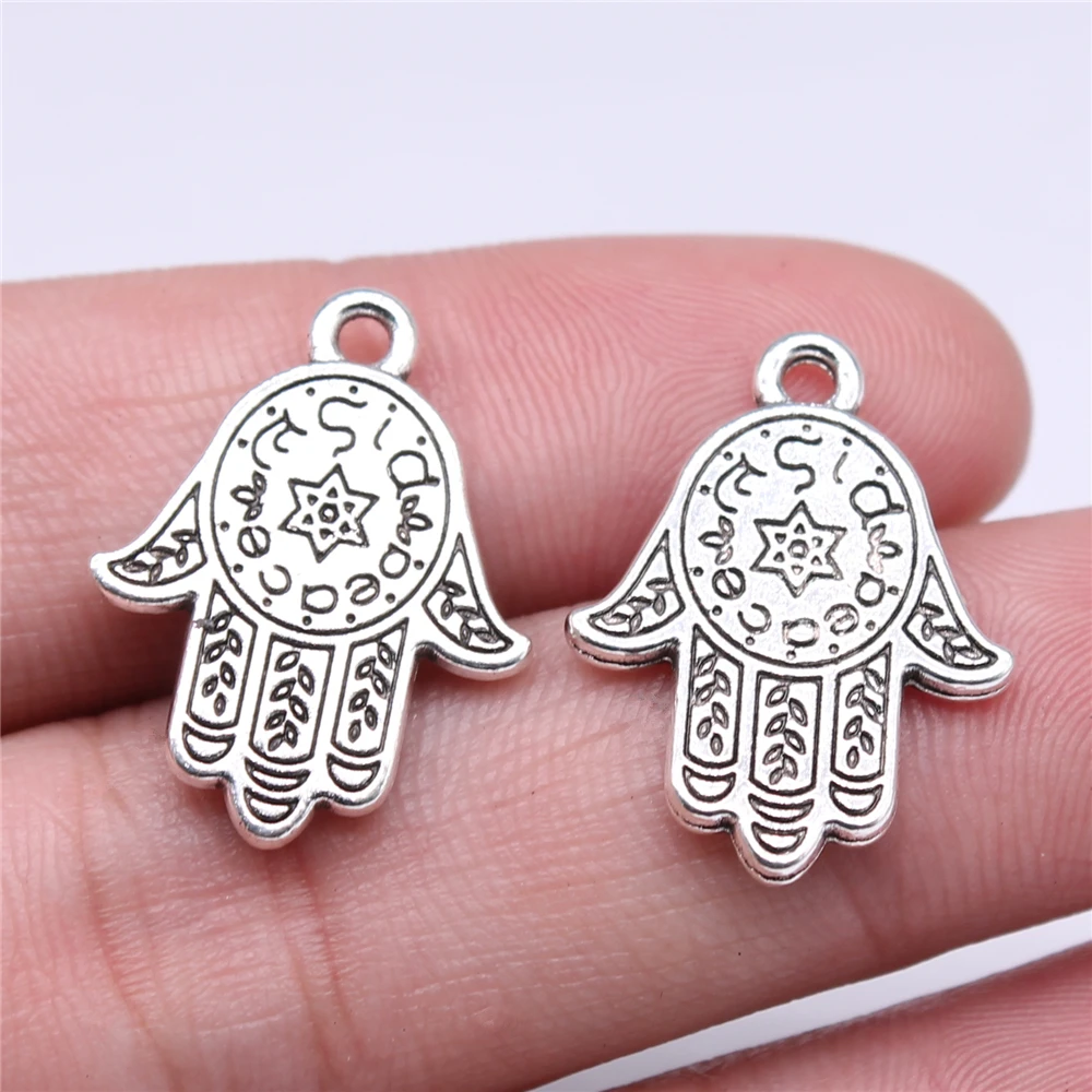 

Wholesale 100pcs/bag 23x18mm Star Hamsa Hand Charms Wholesale Antique Silver Color Zinc Alloy Charms Wholesale