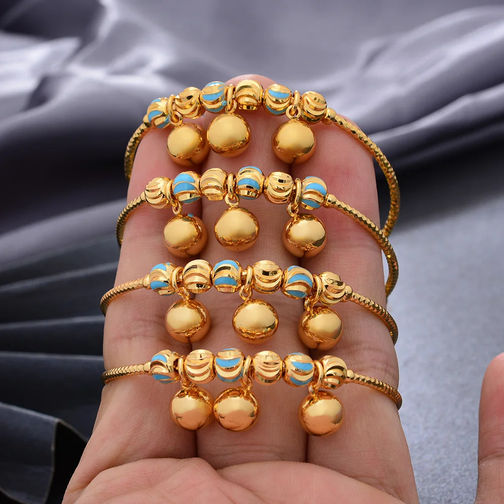 

4pcs/Lot 24k Dubai Gold Color Bangles For Baby Child African Eritrea Bead Kids Birthday Gift Bracelet Bangels Jewelry