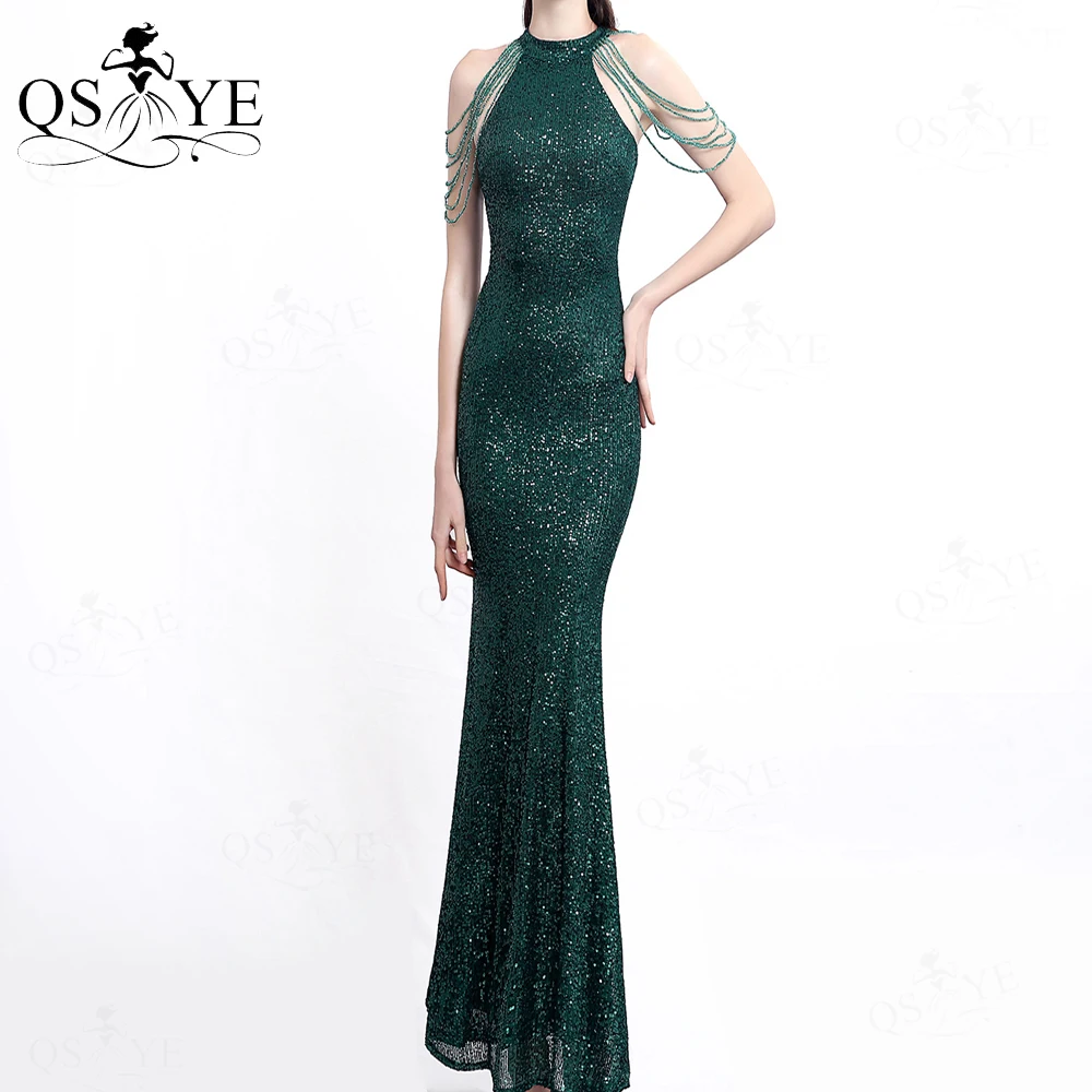 Halter Neck Green Prom Dresses Sequin Long Evening Gown Beading Shoulder Fitted Prom Gown Glitter Sequin Emerald Women Gown