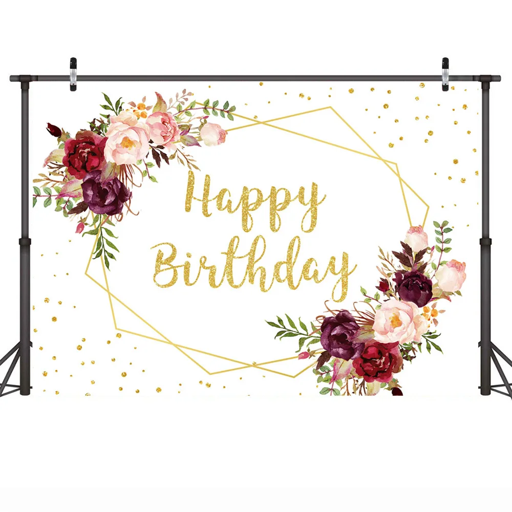 Cat air bunga selamat ulang tahun latar belakang emas titik-titik bunga putih pesta kue ulang tahun meja Photocall alat peraga