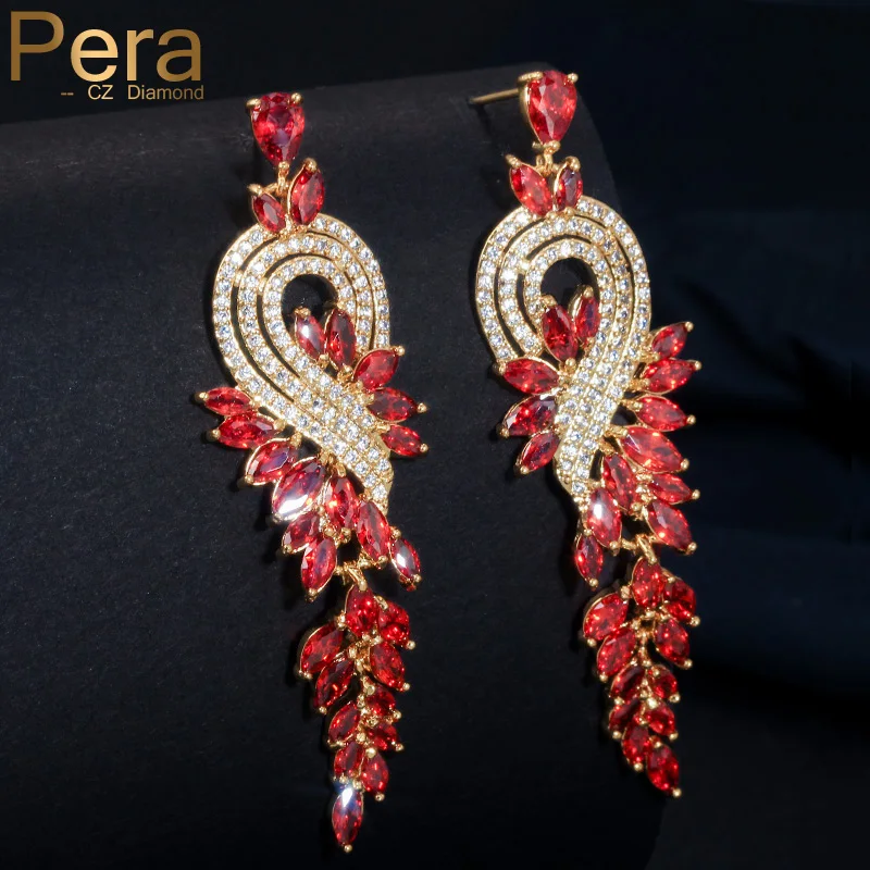 Pera Fashion Famous Brand Red CZ Stone Jewelry Long Dropping Big Leaf Shape Women Evening Party Cubic Zirconia Earrings E228