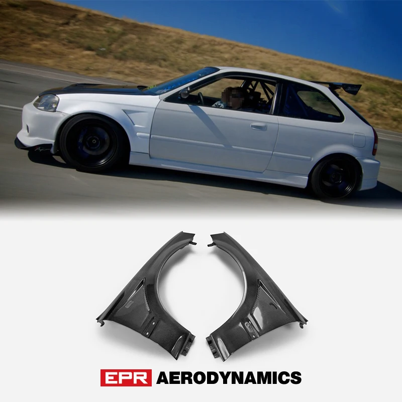 For Honda 99-00 EK Civic Hatch Back Js Racing Style Carbon Fiber Front Fender +20mm Glossy Finish Vented Wheel Arch Flare Trim