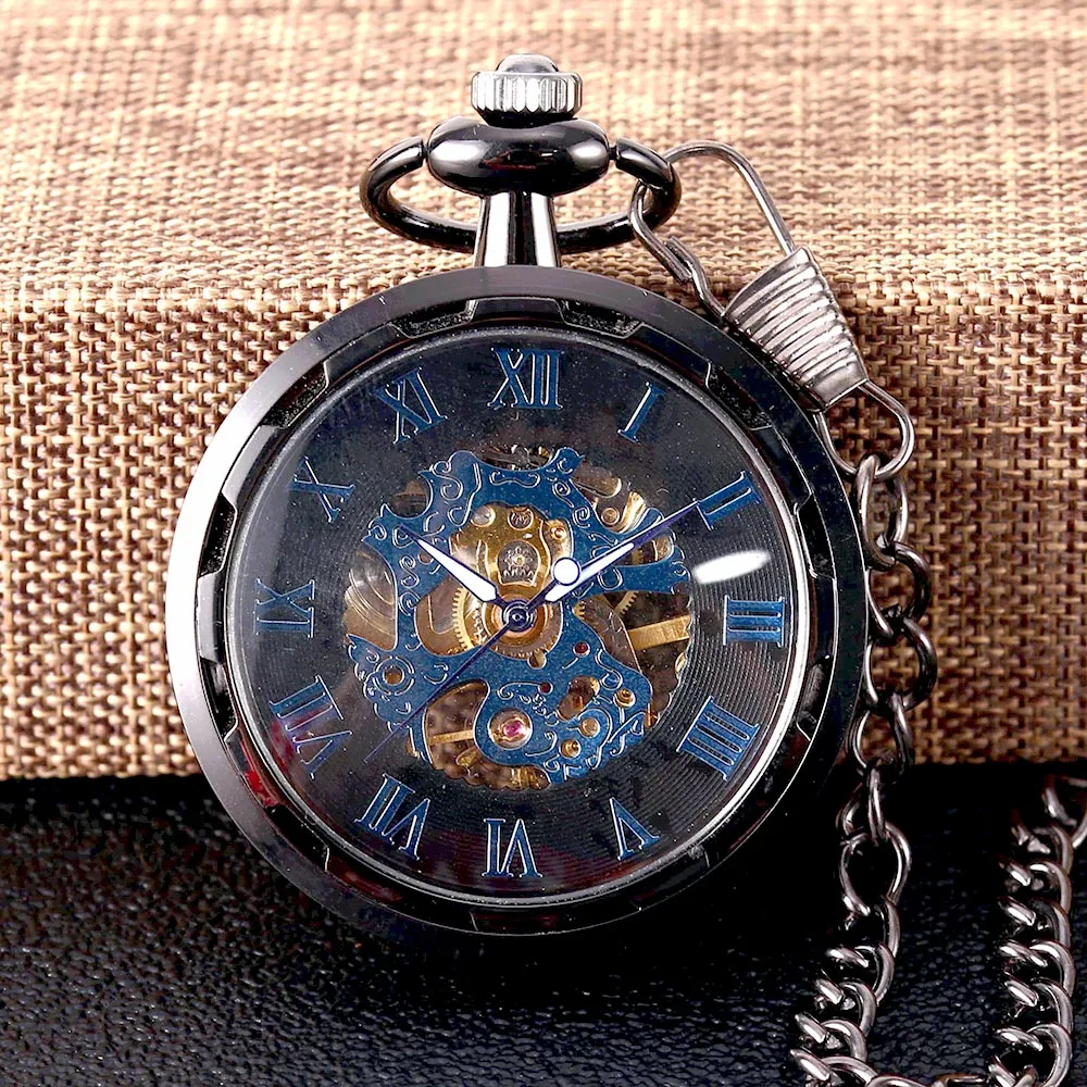 8936Black carved transparent glossy blue Roman scale mechanical large pocket watch