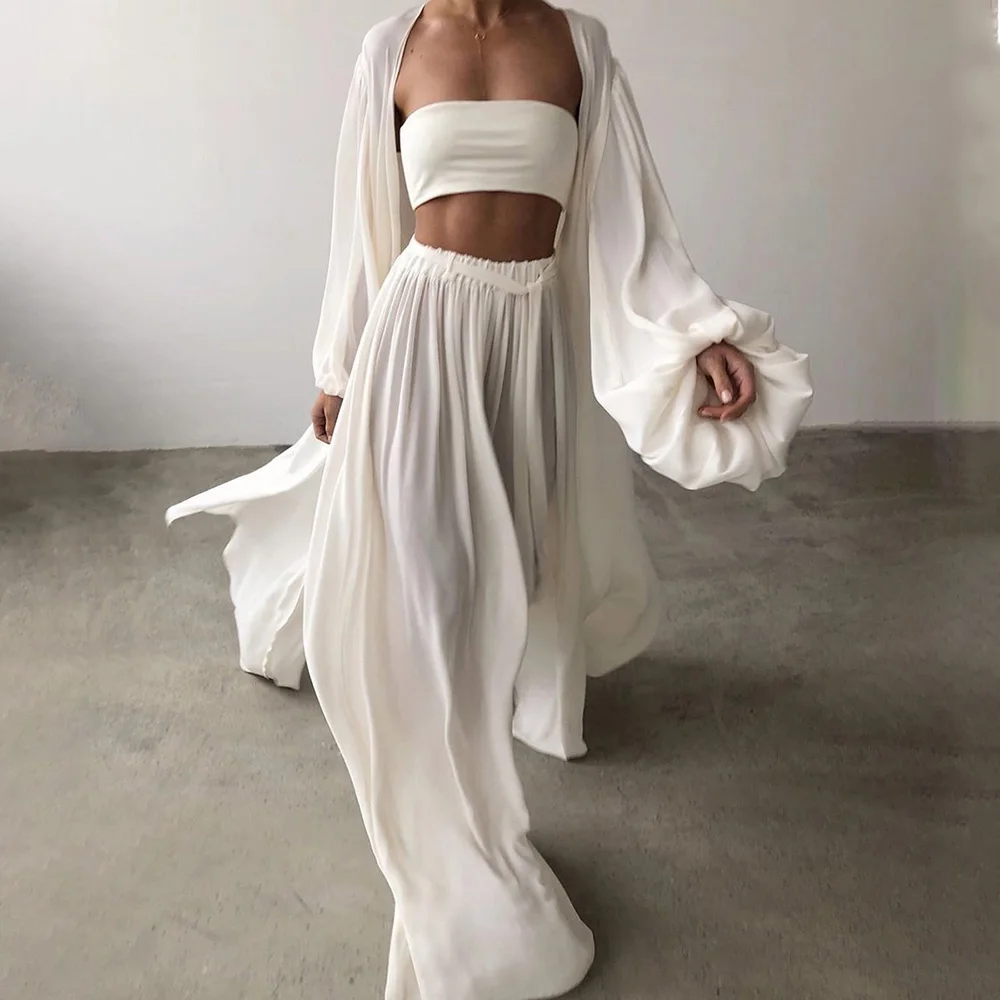 

Fashion Solid Women 3 Piece Sets Elegant Casual Homewear Long Sleeve and Cardigan Tube Top Wide Leg Pants Suits Outfit Female