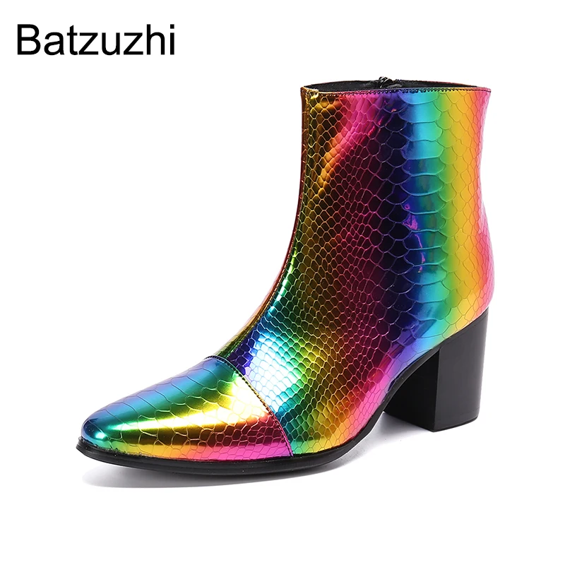 Batzuzhi Street Rock Men's Shoes Boots 7.5cm High Heels Multi Leather Short Boots Men Party/Motorcycle/Wedding Botas Hombre