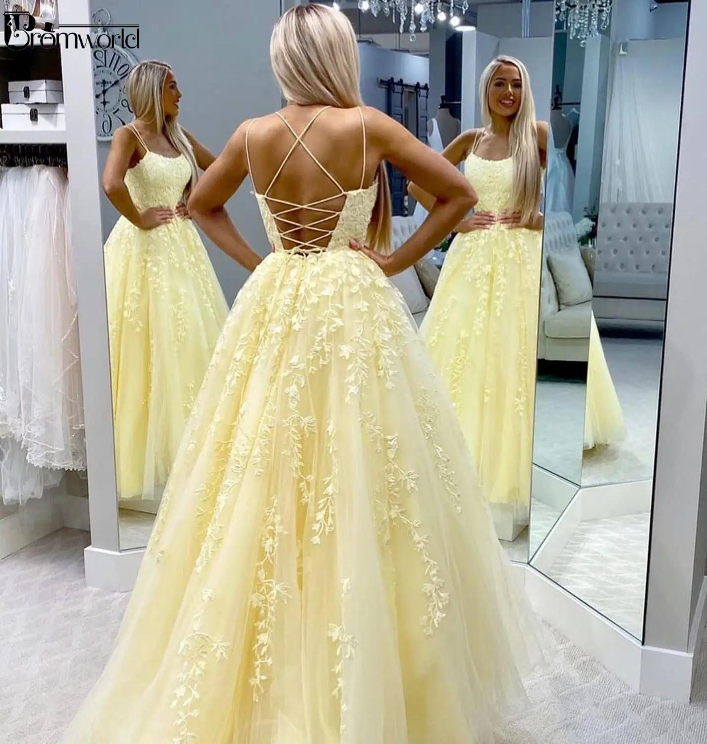 2024 Latest Fashion Yellow Prom Dresses Long A-Line Lace Straps Appliques Formal Party Dress robe de soiree Red Evening Gowns