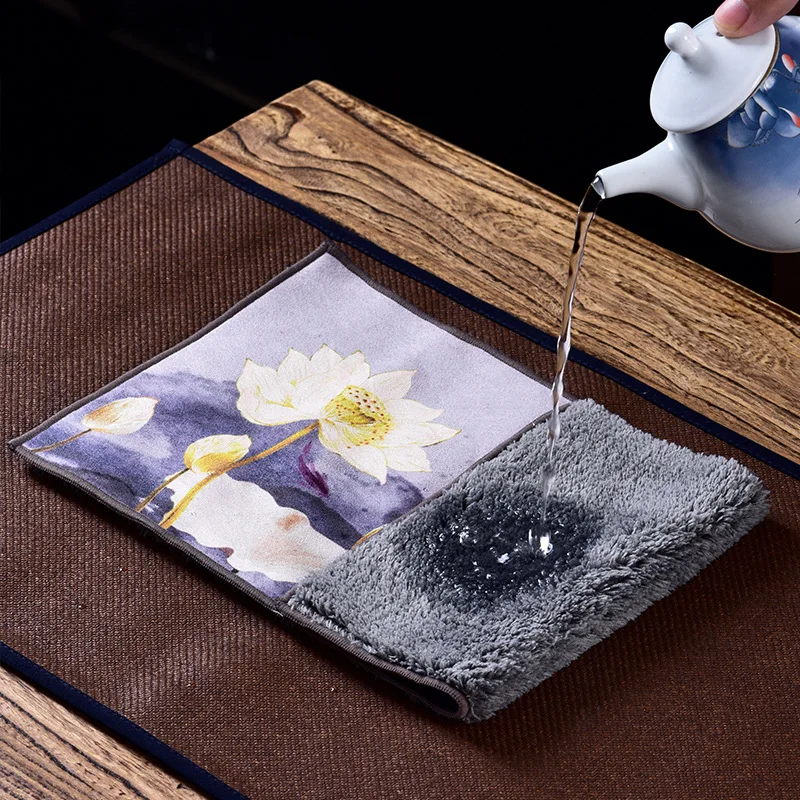 Chinese Painted Tea Towel Cleaning Cloth Tea Mat Thickened Absorbent Rag Soft Cotton Kitchen Towel  Kung Fu Tea Accessories