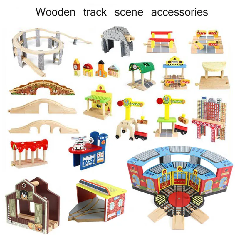 Wooden Train Track Parts Beech Wooden Railway Track Accessories Bridge Tunnel Cross Compatible Biro Wood Train Educational Toys