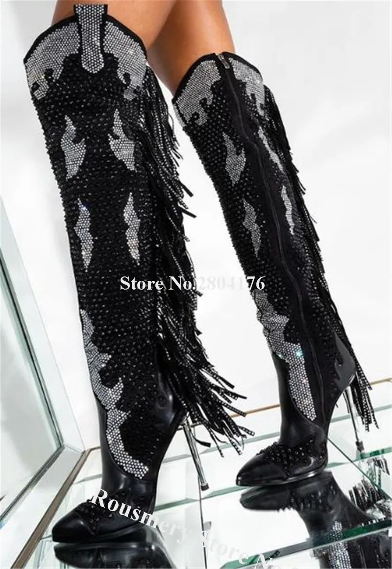 

Newest Bling Bling Women Pointed Toe Rhinestone Metallic Stiletto Heel Over Knee Tassels Boots Crystal Fringes Long Boots