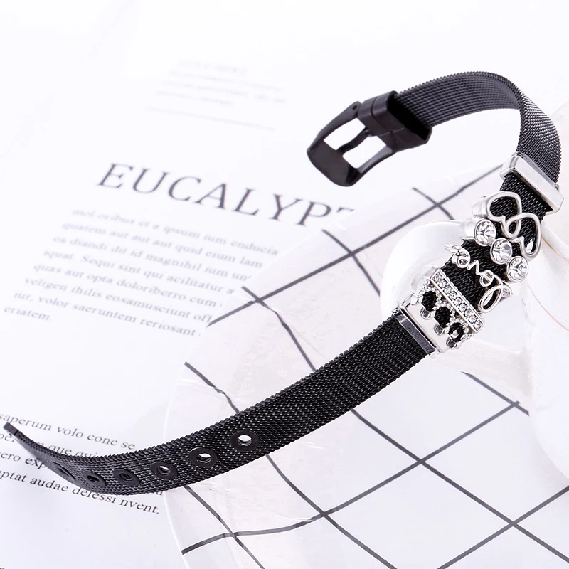 Black Stainless Steel Mesh Bracelets For Men Blue Crystal Water Drops Beaded Love Ladybug Charm 10mm Belt Bracelet Bangle