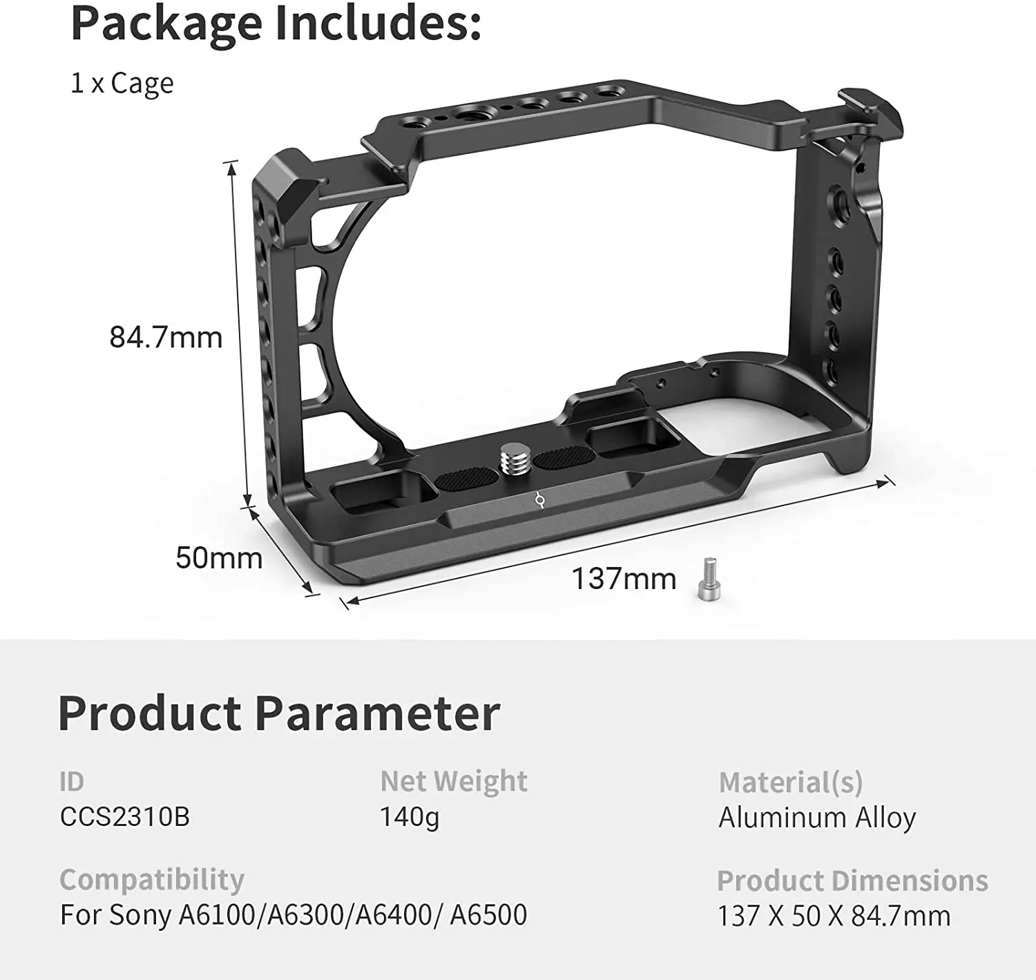 SmallRig A6400 Cage for Sony A6300  A6400  A6500 Form-Fitted DSLR Camera Cage With 1/4\' And 3/8\' Threading Holes 2310