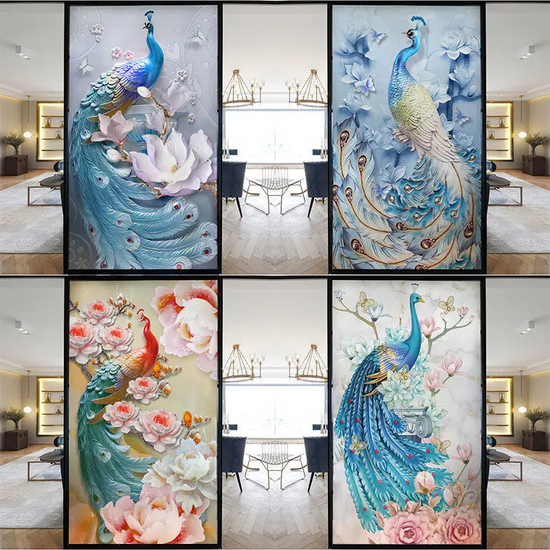 Peacock frosted Window film anti looking privacy 3D static Glass vinyl stickers Mirror Non-adhesive color Decoration Window tint