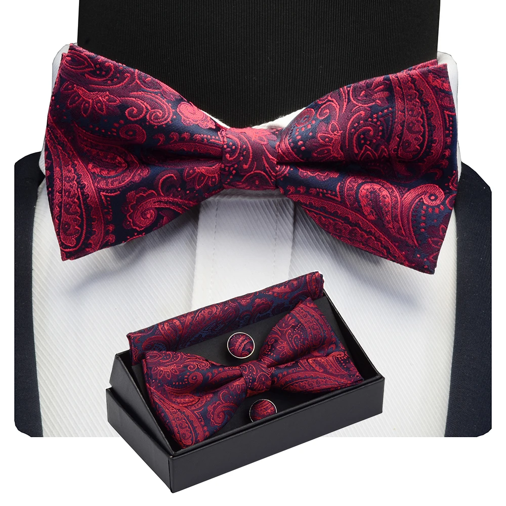 GUSLESON Men\'s Bow Tie Set Paisley Floral Bow tie Pocket square Cufflinks With Gift Box For Man Gold Red For Wedding