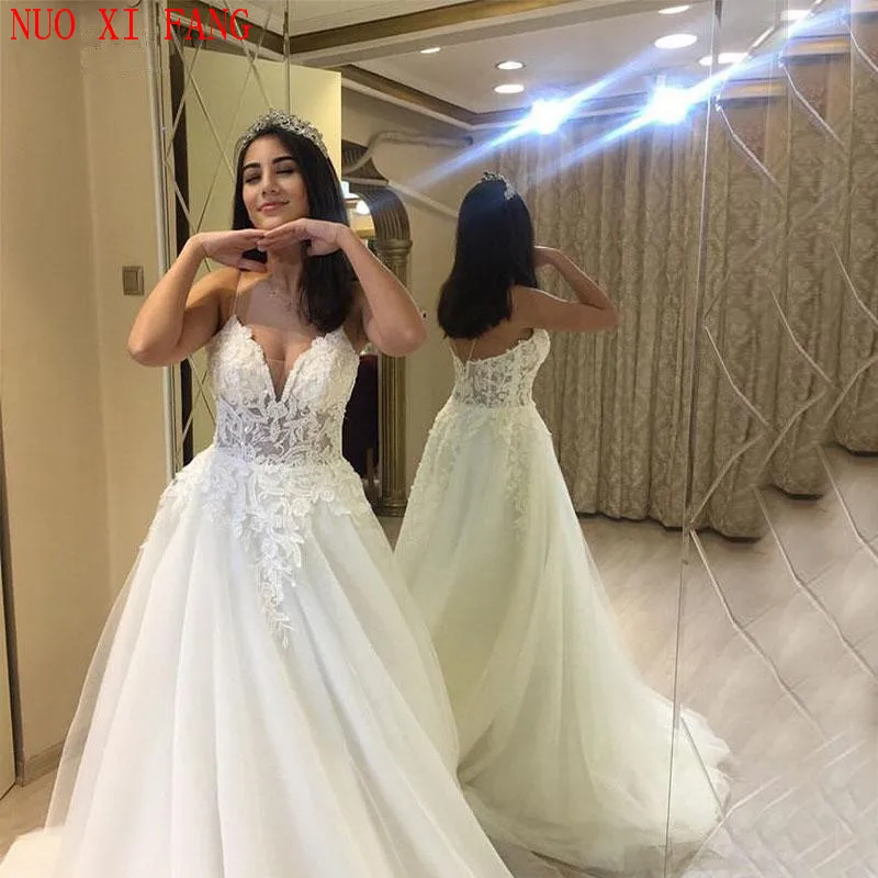 Gaun pengantin applique tali Spaghetti gaun pernikahan renda leher V seksi korset ilusi de novia kustom