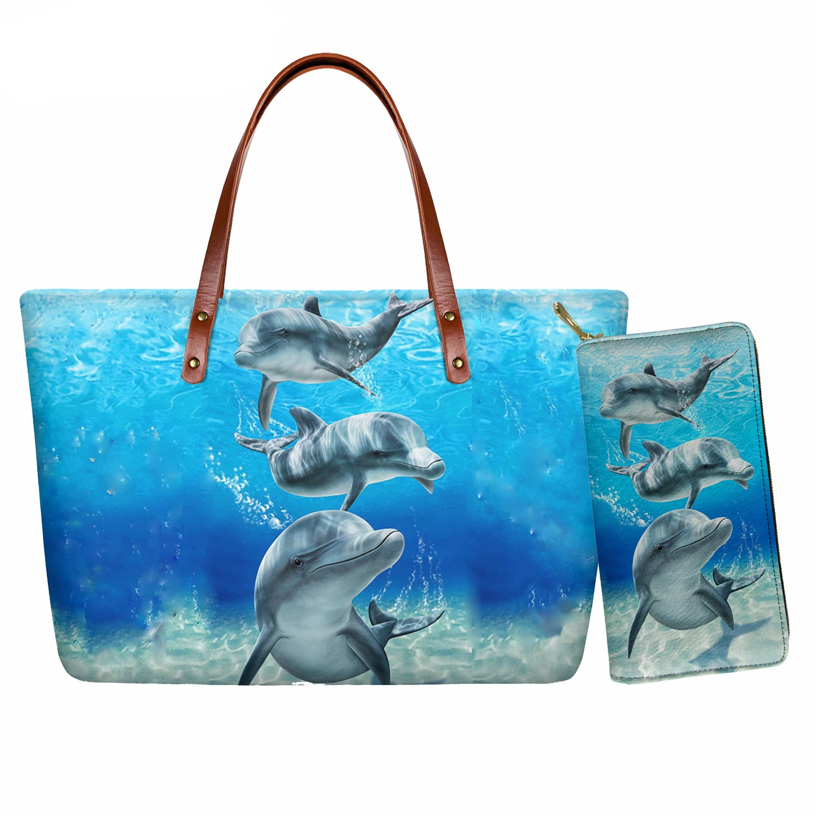 

Cute Dolphin Print Neoprene Large Capacity Handbag Women Totes Travel Shoulder Bag Brand 2Pcs/Set Tote Bags Female Leather Purse