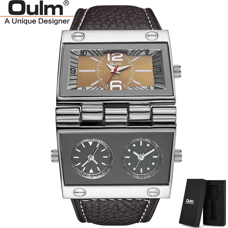 OULM 9525 Big Unique Design Male Watch Three Time Zone Unique Men's Military Watches Punk Style Leather Strap Wristwatch