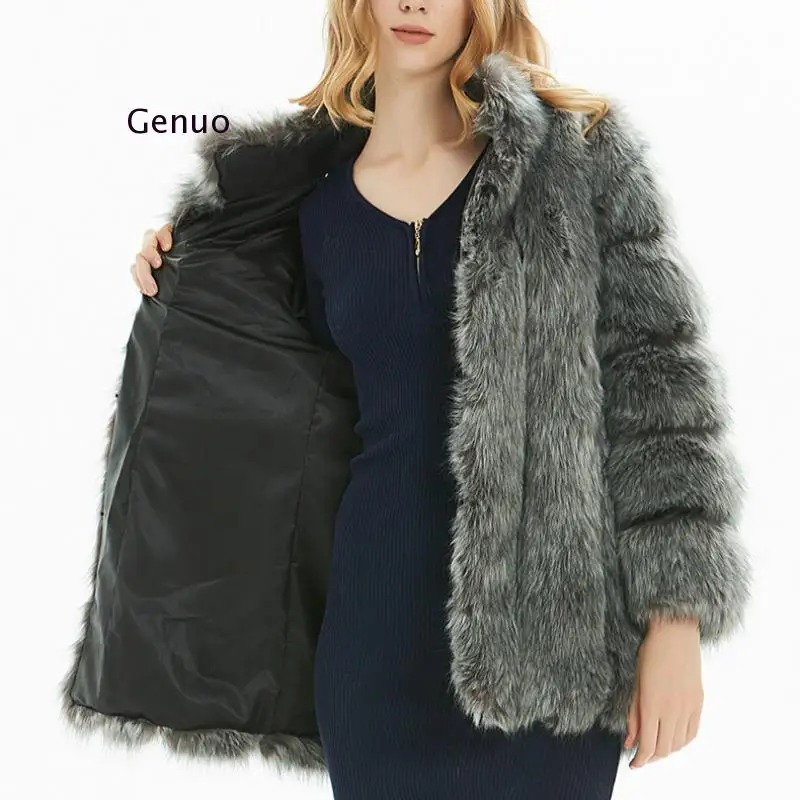 

Luxury Stand Fur Collar Furry Faux Fox Fur Coat Winter Women Faux Fur Jacket Thick Warm Women Clothes Abrigo Mujer