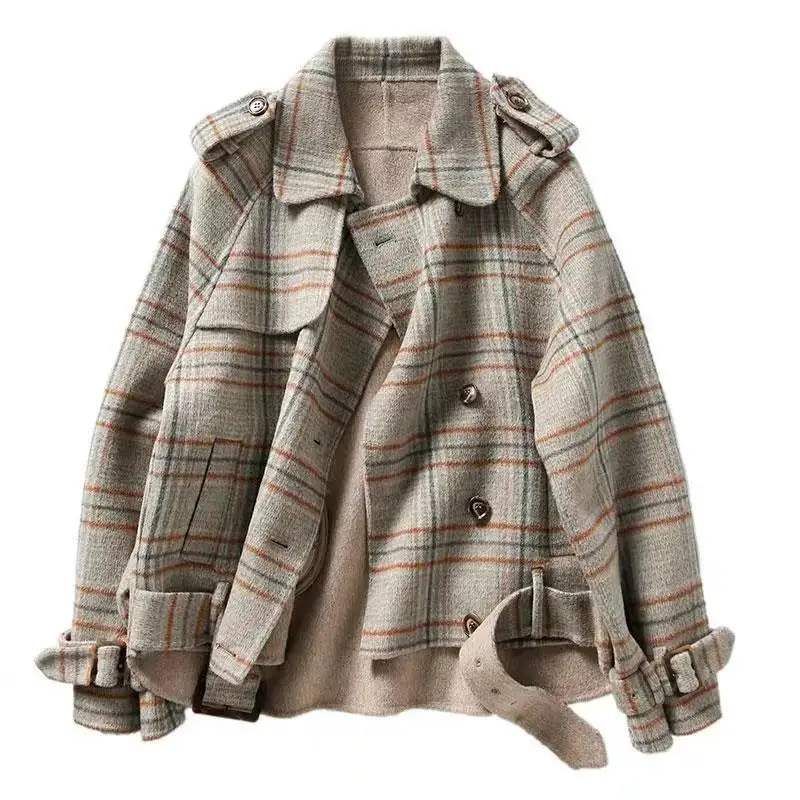

Imitation Cashmere Jacket 2023 Spring Autumn Loose Double-Breasted Plaid Woolen Coat Winter Wool Coats Female Fashion Outwear