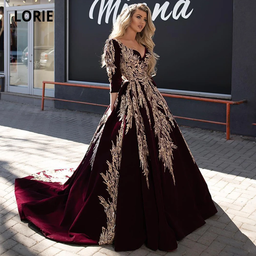 LORIE Abito di Sfera Convenzionale Borgogna Abiti Da Sera Oro Appliqued Merletto Dubai Arabo Celebrity Scollo A V Manica Lunga Pageant Prom Gowns