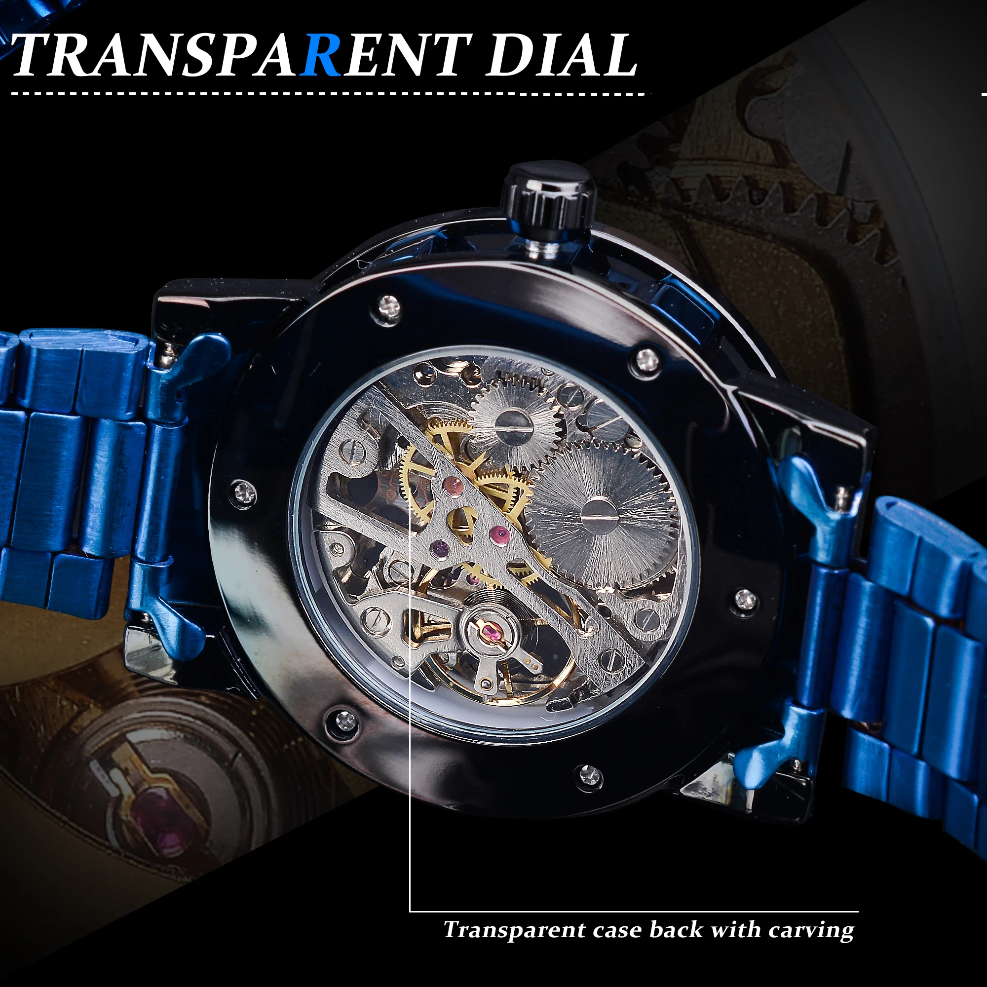 Forsining Blue Diamond Transparent Skeleton Men Mechanical Watch Stainless Steel Luminous Hands Wristwatch Casual Business Clock