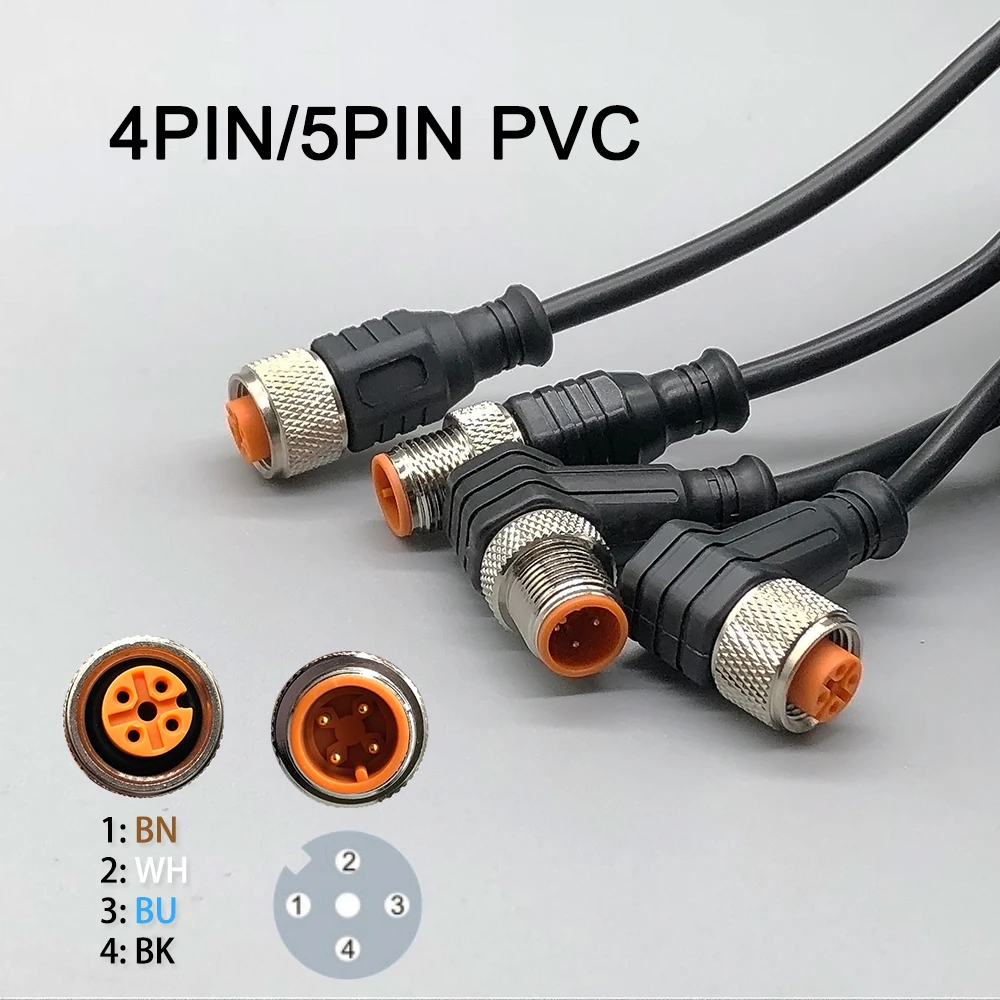 Cloweit M12 3 4 5 8 Pins PVC LED IP67 Sensor Cable Connector Type A Socket Plug 2m Waterproof  Male&Female Straight Angle