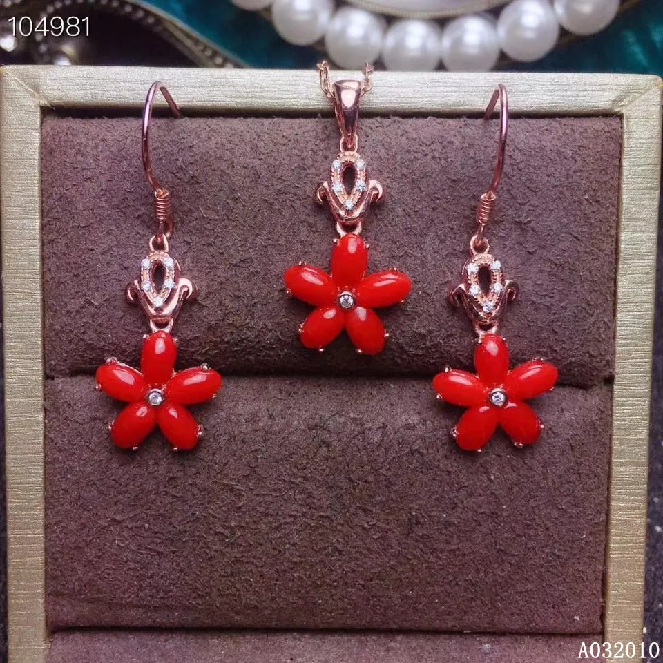 KJJEAXCMY fine jewelry 925 sterling silver inlaid natural red coral earrings pendant popular girl suit support test