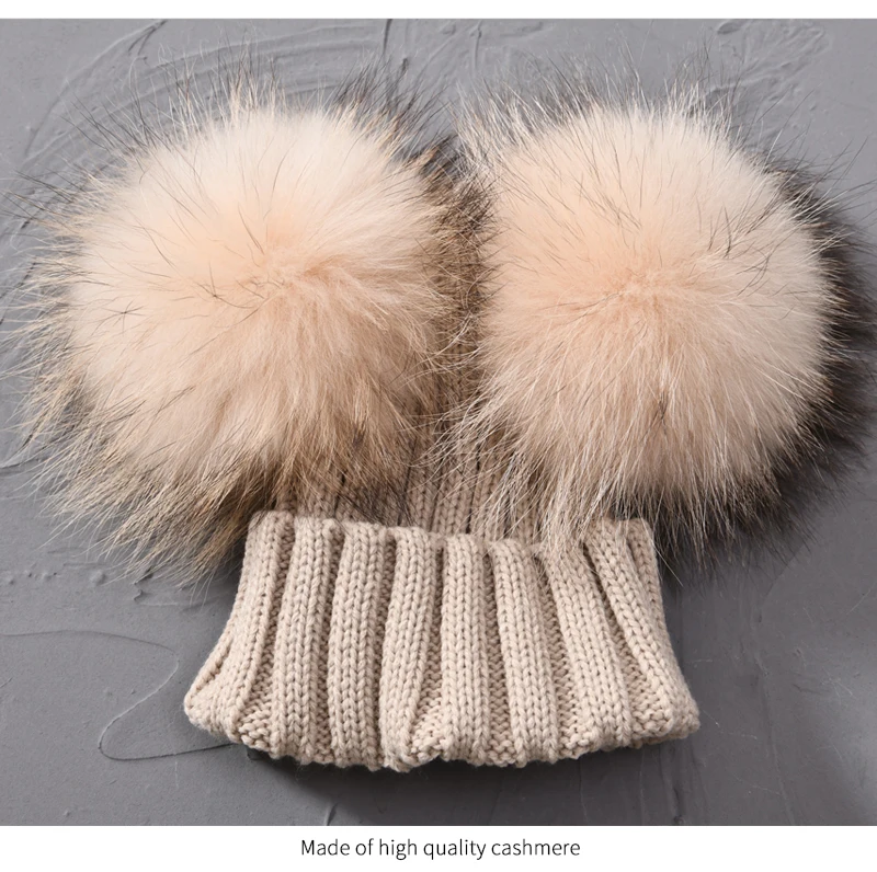 JX Watcher Winter Doppel Echtpelz Pom Pom Hut für Kinder Baby Strick mützen mit zwei Pelz Pompons Jungen Mädchen hochwertige Mütze Mütze – Detail 34