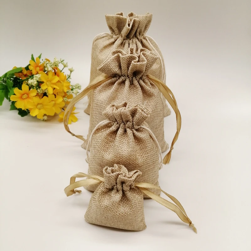 Sac cadeau en jute fait à la main avec ficelle de proximité, sac en lin, bricolage, fête de Noël, mariage, poudres de bijoux, 20 pièces, Zak