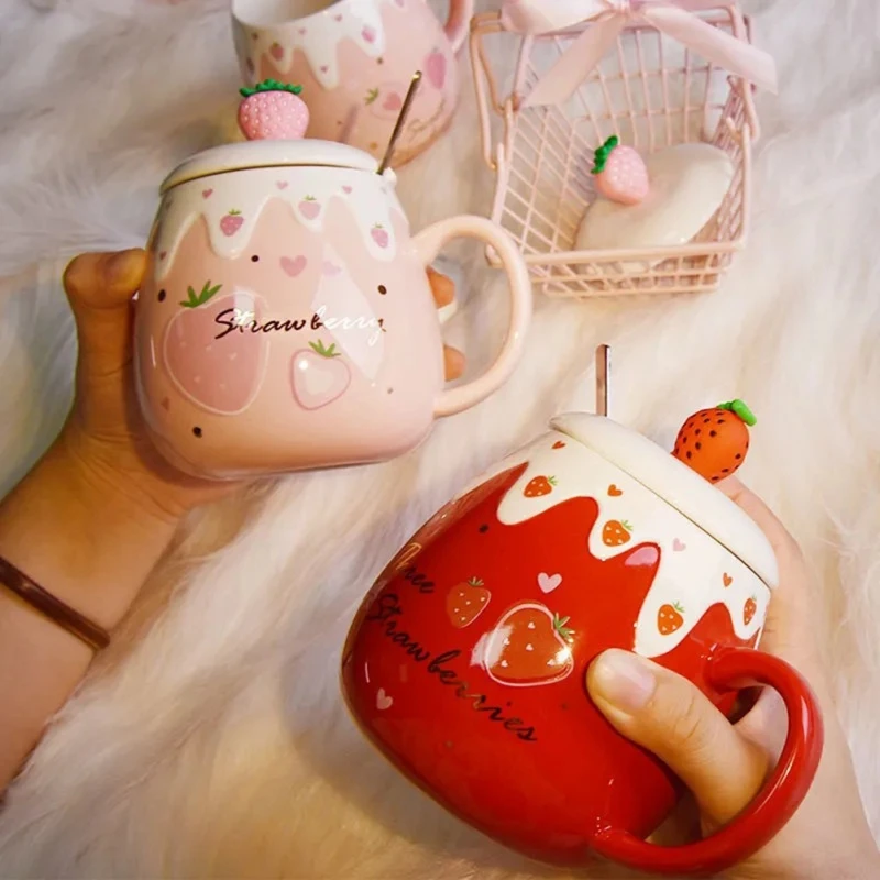 Cute Strawberry Ceramic Mug with Lid And Spoon High Temperature Ceramic Water Bottle Milk Water Tea Cup Students Girl Gift