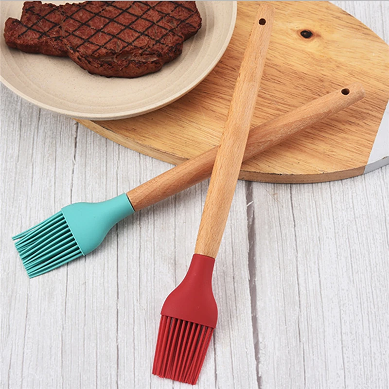 1PC Silicone BBQ Oil Basting Brush with Wood Handle Cake Bread Cream Cooking Brushes Baking Barbecue Kitchen Accessories