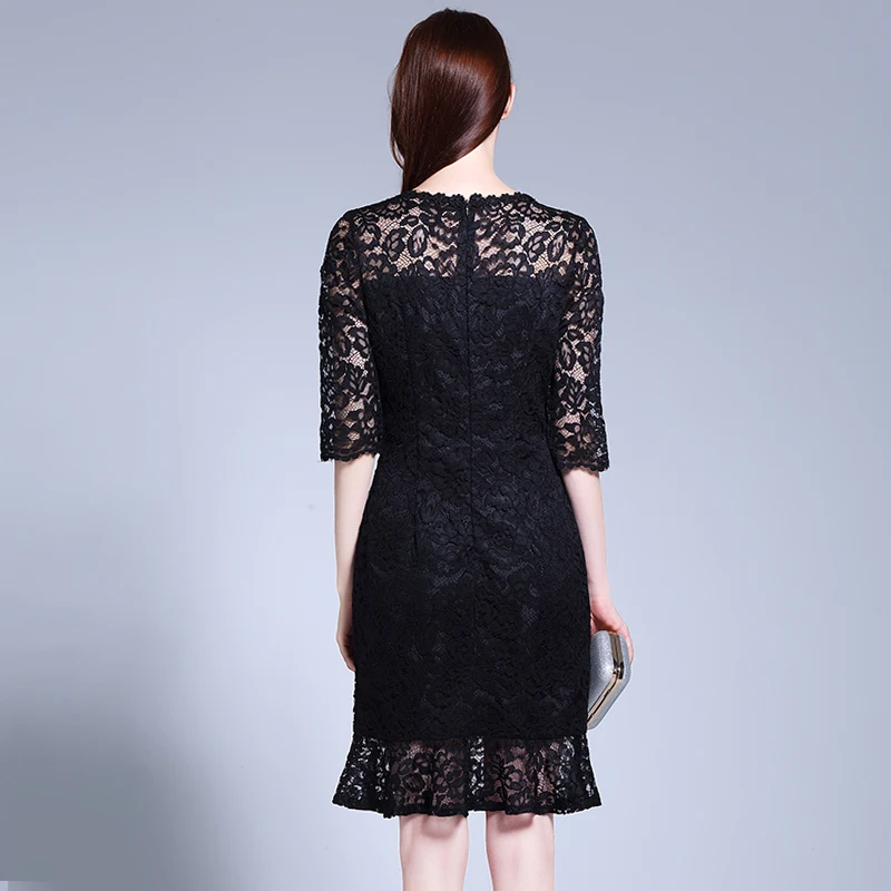 TAOYIZHUAI new arrvial casual style black lace dress plus size o neck loose waist  half sleeves hollow out  solid party 11506