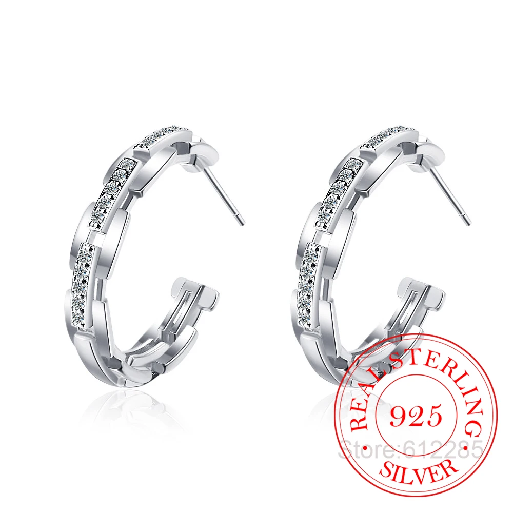 Genuine 925 Sterling Silver Simple Hoop Earrings for Women Charm Crystal line temperamental Earring Wedding Party Jewelry Gift