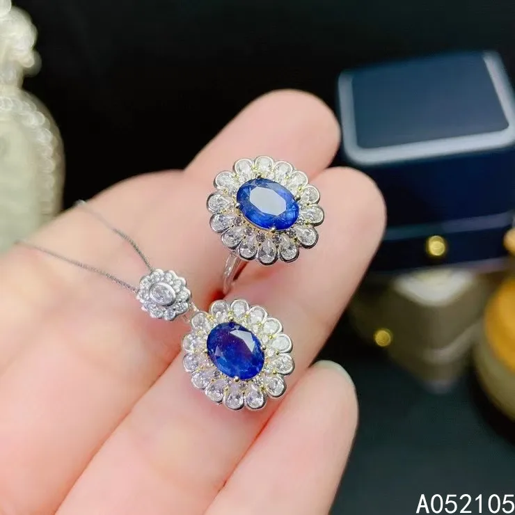 KJJEAXCMY fine jewelry 925 sterling silver inlaid Natural sapphire women vintage fresh flower gem set Gift Birthday Party Weddin