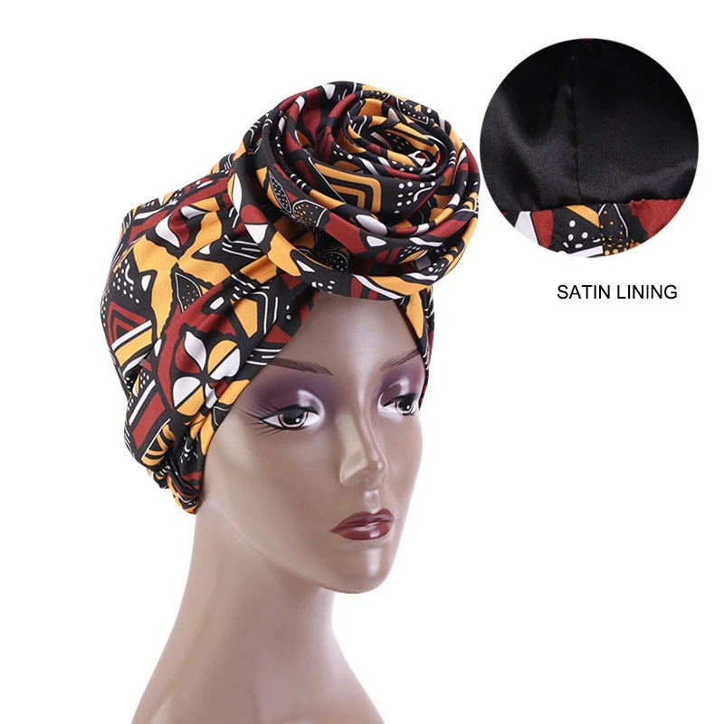 Boné de turbante forrado cetim feminino, flor grande, chapéu africano, envoltório estampado floral, lenço muçulmano, gorros femininos