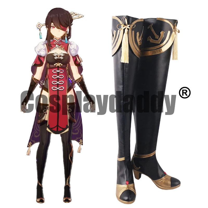 

IN STOCK Genshin Impact Liyue Uncrowned Lord of the Ocean Beidou Cosplay Black Shoes Thigh-high Tassel Heel Boots S008