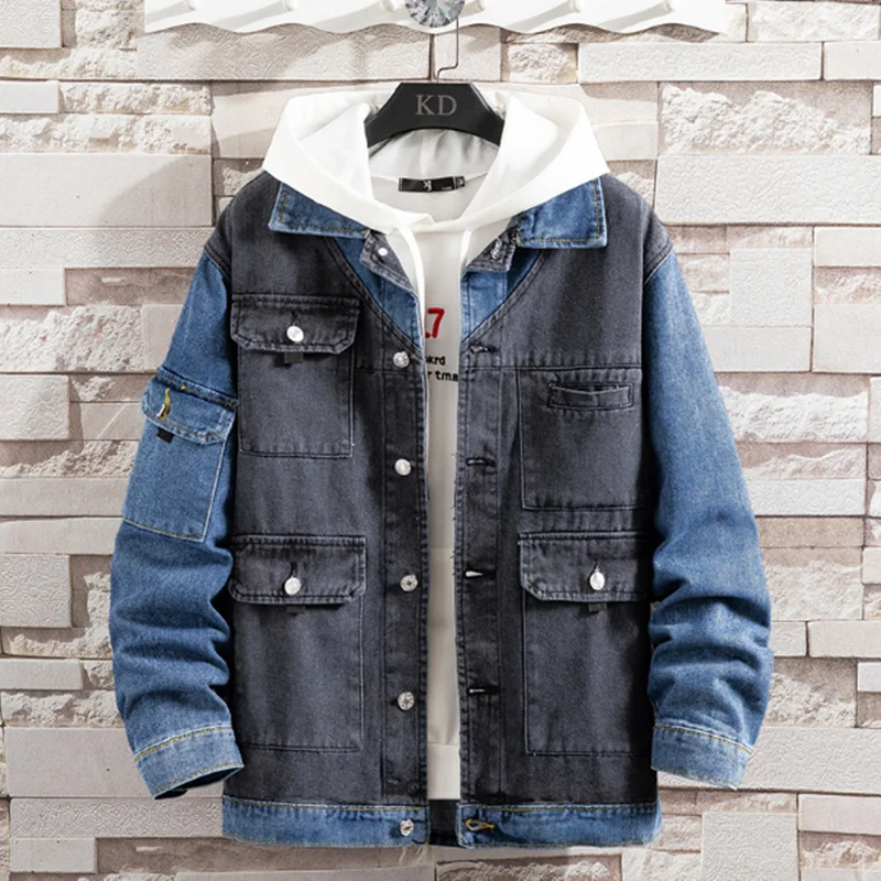 Vintage Mens Autumn Denim Jacket Colors Mixed Single Breasted Loose Fit Hip Hop Coat Casual Streetwear Male Cowboy Jacket