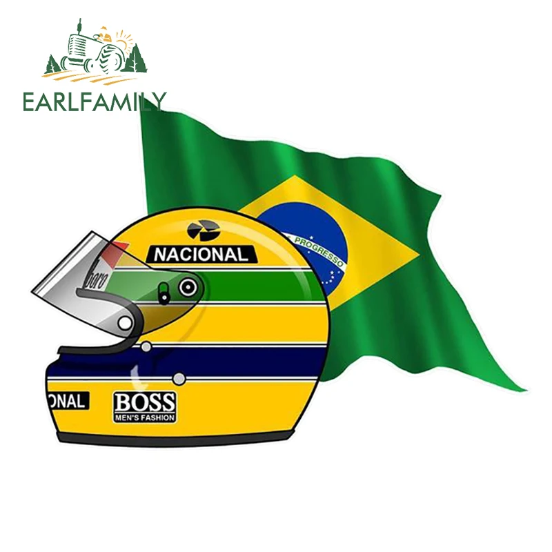 EARLFAMILY 13cm x 9.3cm Ayrton SENNA FLAG BRAZIL Helmet Left Sticker Funny Car Styling Vinyl Decals Bumper Window Car Stickers