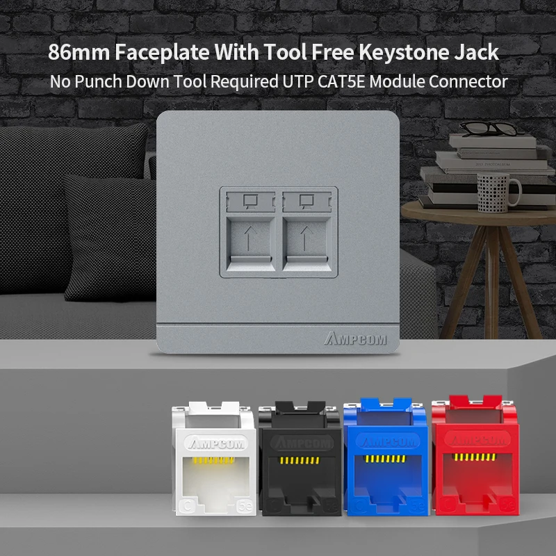 AMPCOM 86mm Faceplate with (UL Listed) CAT5E 1Gbps UTP Keystone Jack, No Punch-Down Tool Required Module Coupler Wall Plate Set