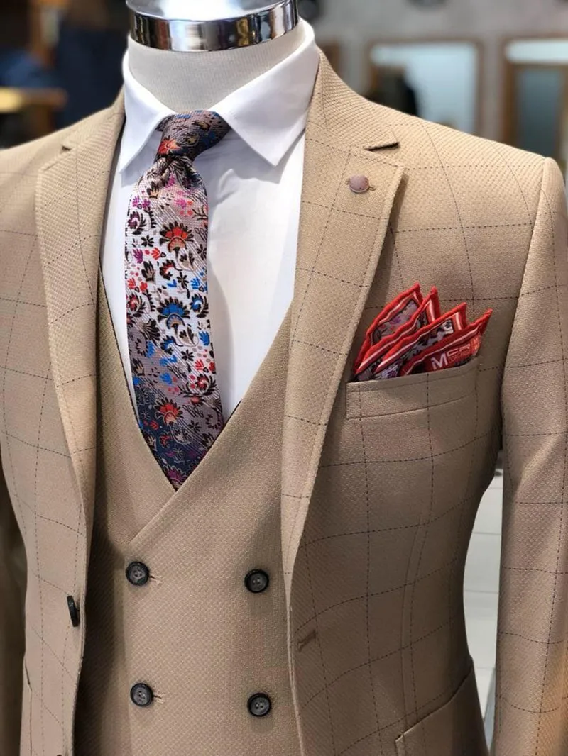 Custom Made Men's Suit 2020 Wedding Tuxedos Formal Plaid Best Man Suits Groom Wear Tuxedos 3 Pieces Suits (Jacket+Pants+vest) image 4