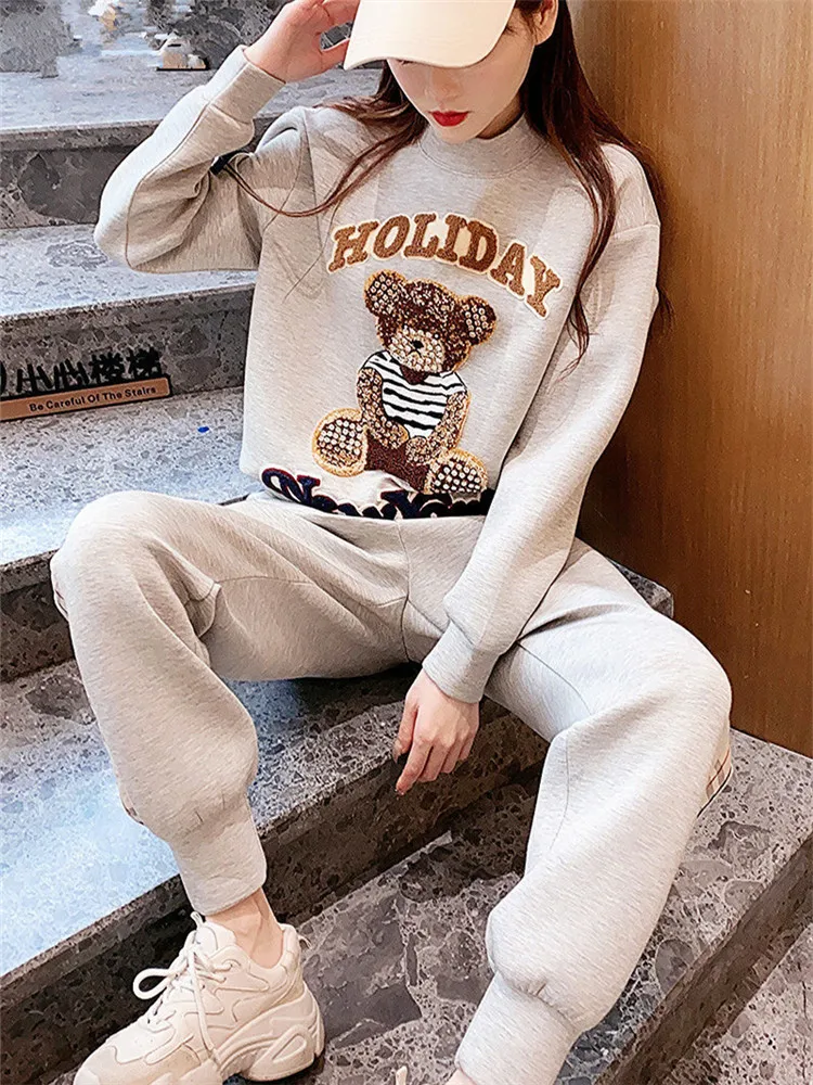 Sports Fashion Women Tracksuit O-neck Cartoon Sweater + Elastic Waist Splicing Trousers Two-piece Set Female Suit Autumn Winter