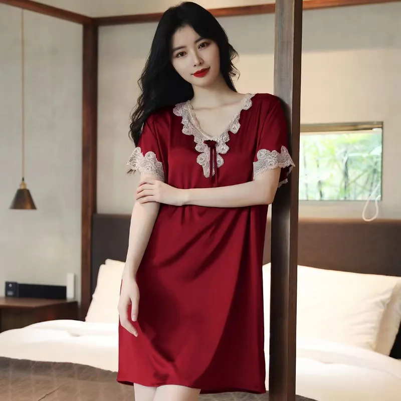 Green V-neck Sleep Dress Women Lace Trim Nightgown Summer Satin Sleepwear Short Sleeve Nightdress Female Loose Home Dress