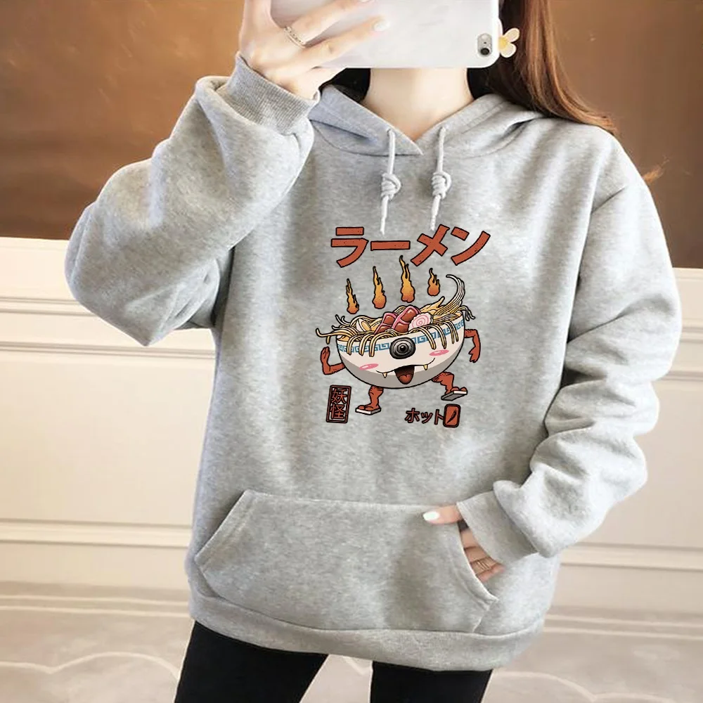 Harajuku hoodie feminino pulôver engraçado dos desenhos animados impresso base superior manga longa topo solto bolso moletom meninas pulôver casual