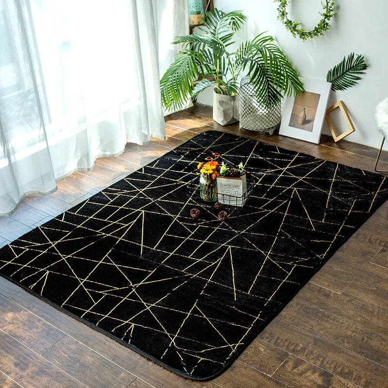 

Soft Plush Carpet for Living Room Black With Gold Line Fluffy Thick Rug Bed Room Carpets Anti-slip Floor Rugs Decor Kid Room Mat